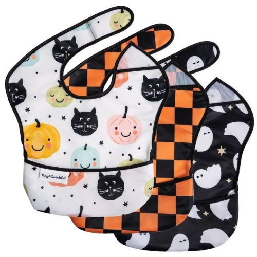Tiny Twinkle Mess-Proof and Waterproof Baby Food Bib for Boys or Girls, Machine Washable and BPA-Free w/Adjustable Closure (3-Pack, Halloween)