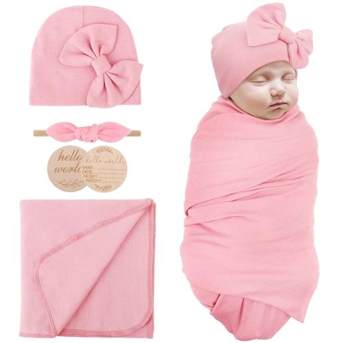 Newborn Receiving Blanket with Bow Hat Headband Wooden Card Set Newborns Toddler Baby Boy Girl Nursery Swaddle Wrap