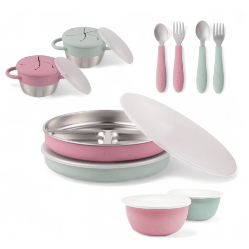 Stainless Steel Mealtime Bundle | Plates, Bowls, Snack Cups + Toddler Utensils | Normal Sleeves | Blush/Sage