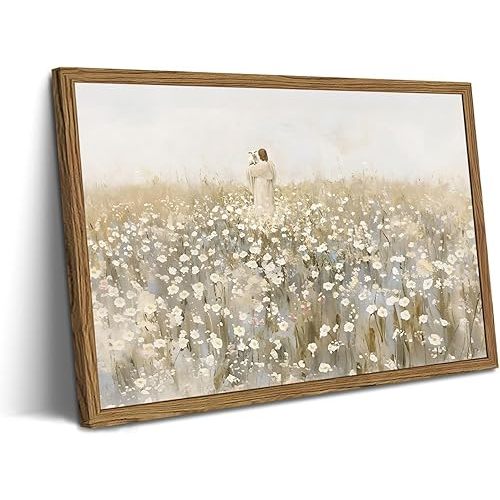 Framed Jesus and Lamb Canvas Wall Art, Christian Jesus Leaves the 99 Sheep Paintings Wall Decor, Lost Lamb Pictures Canvas Prints Religious Home Decor for Church Prayer Room Living Room 12x16 Inch