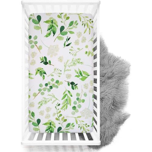 Crib Sheets HNHUAMING Neutral Baby Crib Fitted Sheets, Ultra Soft & Breathable 52 X 28 inch Crib Sheet Snug Fits for Standard Crib Mattress, Green Leaves