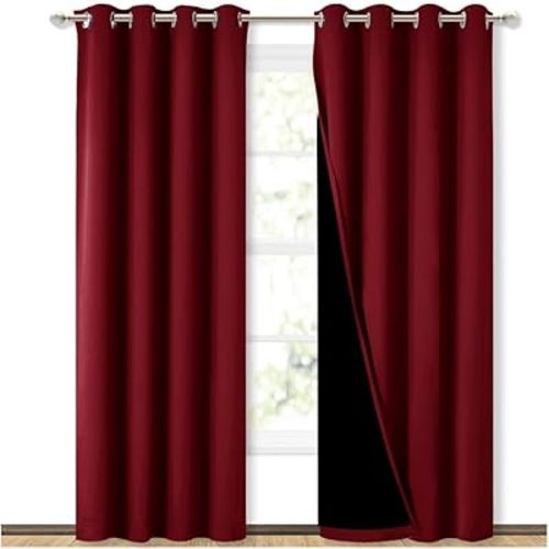 NICETOWN 100% Blackout Cold Blocking Curtains with Black Liner Backing, Thermal Insulated Curtains for Living Room, Noise Reducing Drapes, Burgundy Red, 52 inches x 84 inches Per Panel, Set of 2