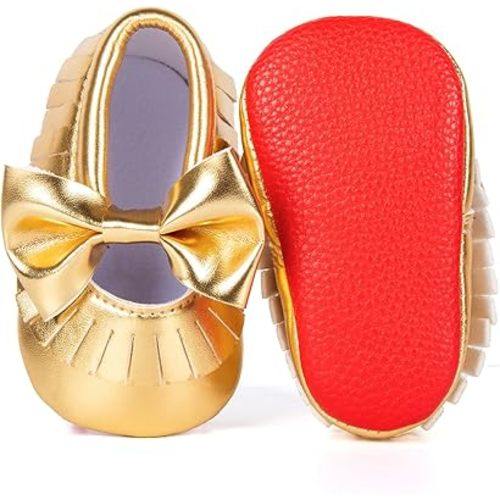 Bebila Double Bow Fringe Baby Moccasins - Soft Sole Baby Shoes Girls Toddler Crib Flats