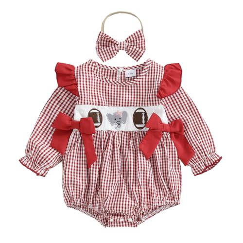 Baby Girl Football Outfit Smocked Bubble Romper Ruffle Long Sleeve Onesie Plaid Jumpsuit Fall Winter Clothes