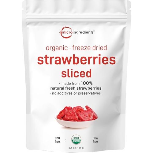 Micro Ingredients Organic Strawberries Sliced, 6.4oz | 100% Natural Fruit | Freeze Dried Strawberry Source | No Sugar & Additives | Healthy Snack & Topping for Beverages or Recipes | Non-GMO, Vegan