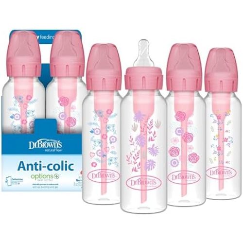 Dr. Brown's Anti-Colic Options+ Narrow Baby Bottle, Floral, 8 oz, 4-Pack