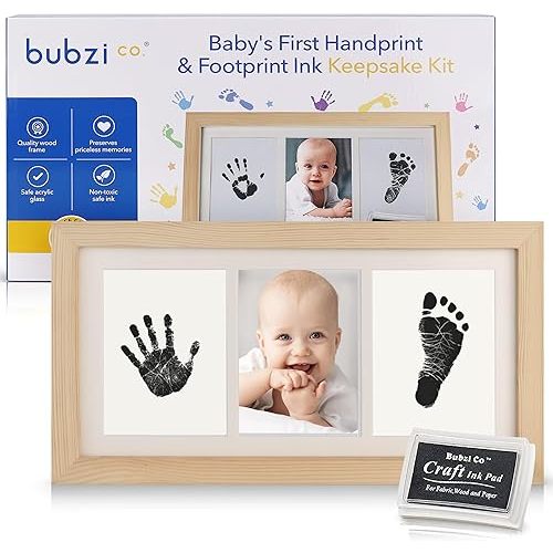Bubzi Co Baby Handprint Kit & Footprint Photo Frame for Newborn (Natural Wood)