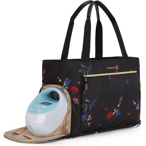 mommore Breast Pump Bag Diaper Tote Bag with 15 Inch Laptop Sleeve Fit Most Breast Pumps Like Medela, Spectra S1,S2, Evenflo - Black-flower