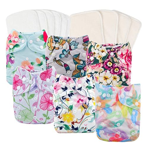 Babygoal Baby Cloth Diapers for Girls, One Size Reusable Washable Pocket Nappy, 6pcs Diapers+ 6pcs Microfiber Inserts+4pcs Bamboo Inserts 6fg27 - Girl Color 27