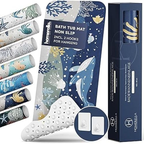 homerella® Bath Mat for Tub Non Slip Mildew Resistant 40x16 Extra Long incl. Hooks for Drying - Machine Washable - BPA Free-with Suction Cups and Drain holes for Bathtub- Shower Mat Non Slip Anti Mold
