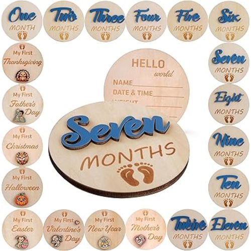 Monthly Baby Milestone Wooden Circles – 11 Double-Sided Discs with 3D Raised Blue Numbers, My First Holiday Signs & Hello World – Gender Neutral Baby Gifts (3D Blue Lettering)