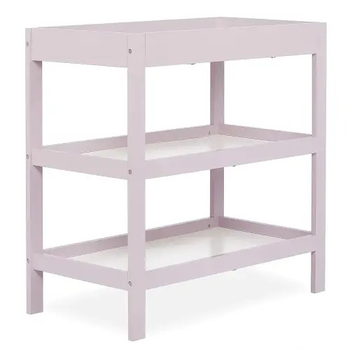 Dream On Me Ridgefield Changing Table in Blush Pink and White, built of reclaimed New Zealand pinewood, comes with a water resistant mattress pad & two spacious shelves
