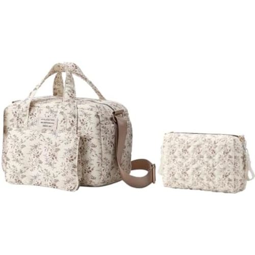Lushandy Puffy Diaper Tote Bag, Quilted Floral Diaper Travel Bag Puffer Duffle Bag Mom Hospital Bags Pañaleras Para Bebe