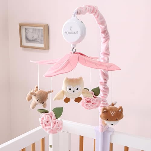 The Peanutshell Crib Mobile for Girls - Pink and White Musical Baby Crib Mobile with 12 Lullabies, Forest Baby Little Forest Nursery Decor