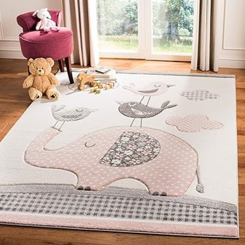 SAFAVIEH Carousel Kids Collection Area Rug - 6'7" x 9', Pink & Ivory, Animal Design, Non-Shedding & Easy Care, Ideal for High Traffic Areas for Boys & Girls in Playroom, Nursery, Bedroom (CRK127P)