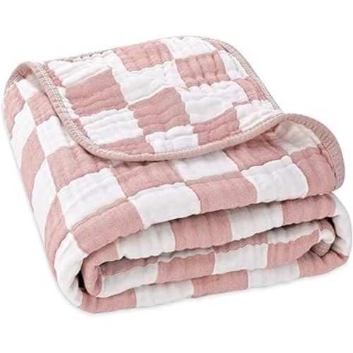 6-Layer Muslin Baby Blanket Made with Organic Cotton - Classic Neutral Checkered, Swaddle & Crib Quilt, 43”x43”, Dusty Pink Checkered, 1-Pack
