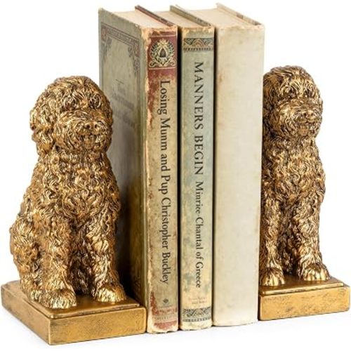 Poodle Decorative Bookends for Shelves, Dog Book Ends for Heavy Books, Toy Poodle Statues Bookends for Heavy Books with Anti-Slip Base Book Holders for Home Office Decor (Antique Gold)