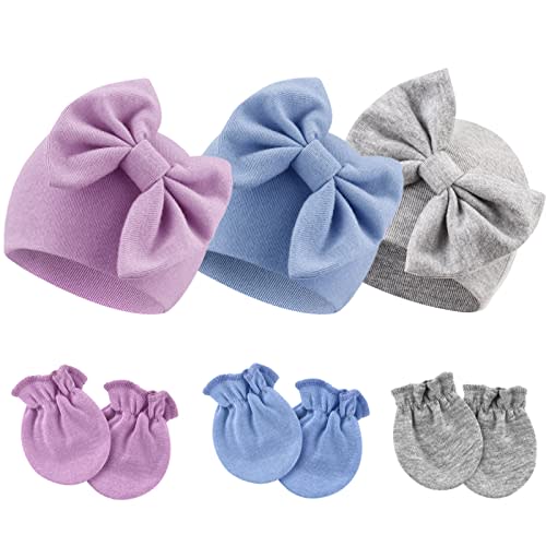 BQUBO Newborn Girls Hats Baby Hat and Mittens Set Infant Caps Bow Hospital Beanie with No Scratch Mittens for Baby Boys Girls