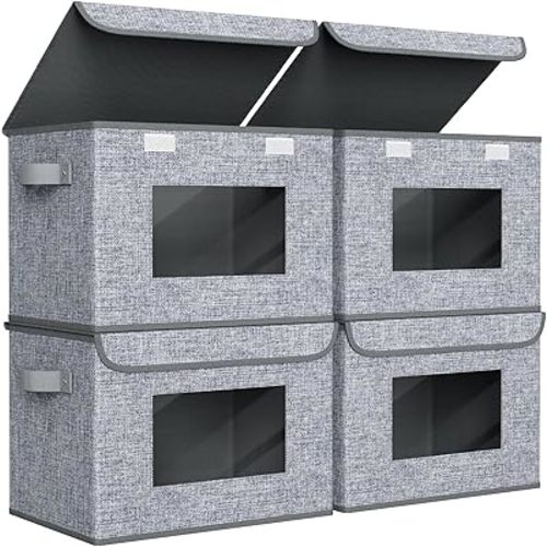 Univivi Fabric Foldable Storage Boxes [4-Pack] Large Collapsible Stackable Storage Bins with Lids, Closet Organizers and Storage Cube Basket for Home, Office, Bedroom (Grey, 17'' x 12'' x 12")