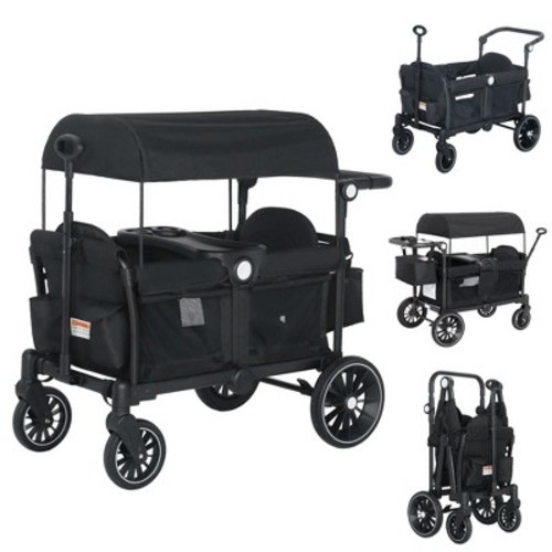 Kinder King 2-Seat Wagon Stroller, All-Terrain Foldable Stroller Wagon for Toddlers with Canopy, Snack Tray & Push/Pull Bar, Black