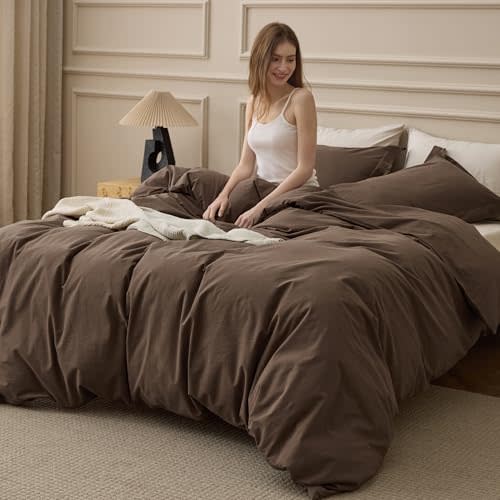 Bedsure 100% Washed Cotton Duvet Cover Oversized King - Brown Minimalist Bedding Set Linen Like - PureWoven Plain Simple & Soft Comforter Cover for All Seasons (Brown, Oversized King, 120"x98")