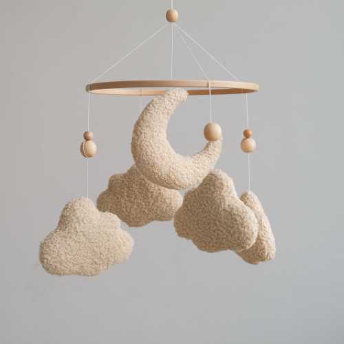 Boucle Cloud and Moon Baby Mobile, Teddy Bear Nursery Decor, New Baby Gift