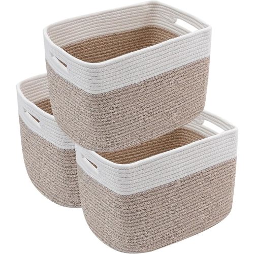 3 Pack Woven Rope Storage Baskets for Shelves,13.5"×11"×9.5" Storage Bins with Handles,Empty Gift Baskets,Nursery Organizer for Toys,Towels,Books,Closet,Living Room,Bedroom (White & Brown)