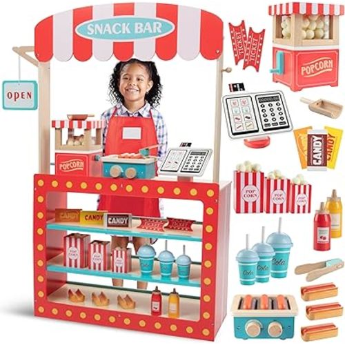 Movie Theatre Snack Bar Wooden Playset - Pretend Concession Stand Fun- Full Set w Popcorn Machine Hot Dogs Candy Bars Sodas Cash Register Credit Card- Kids Play Food Activity Center for Daycare & More