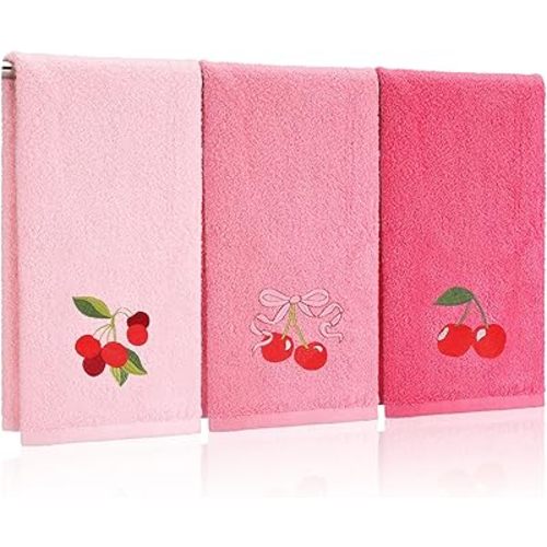 3 Pcs Cherry Hand Towels 14x29 Inch Spring Summer Pink Preppy Bow Cherries Bathroom Decor Cotton Embroidered Soft Absorbent Towels for Bathroom Kitchen
