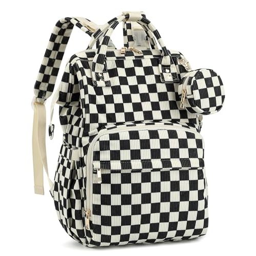 Corduroy Diaper Bag Backpack, Large Capacity Multifunction Baby Diaper Bags for Women, Insulated Bottle Pockets & Pacifier Case, Stylish Travel Nappy Changing Bags for Mom Dad (Checkered Black)