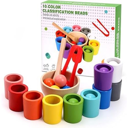 10 PCS Rainbow Balls in Cups, Mini Wood Classification Cup Game, Rainbow Sorting Balls with Spoon and Tongs, Preschool Learning Educational Montessori Matching Games for 3+ Year Old
