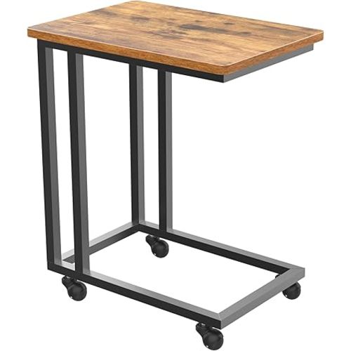 Sweetcrispy C Tables Counch that Slide Under, Bed Side Table Tray Sofa Portable Rolling with Wheels Metal Frame Adjustable Feet, Wood Stand for Living Room Entryway Small Space Bedroom, Rustic Brown