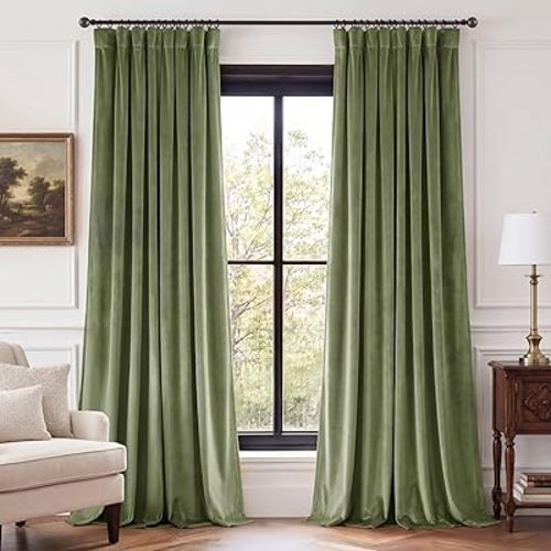 Sage Green Velvet Curtains for Bedroom 84 inches Back Tab, 2 Panels