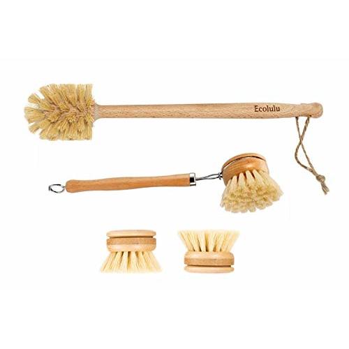 ECOLULU Natural Bamboo Dish Brush & Wood Bottle Brush for Wide Mouth Bottles, Cups and Jars, 2 Replacement Heads included (4 units total) Biodegradable, Eco Friendly Products
