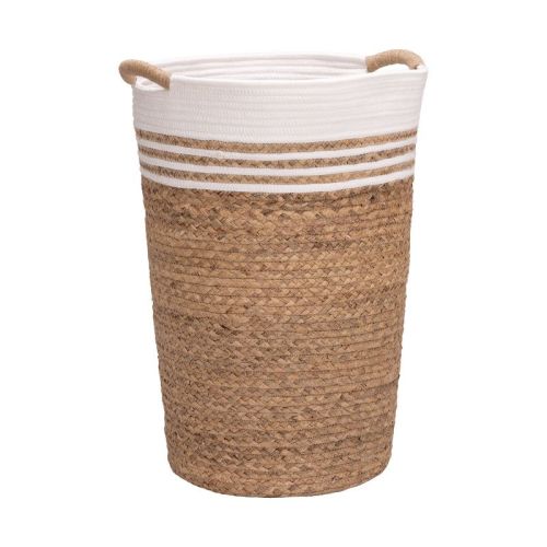 Seville Classics Natural Water Hyacinth and Rope Round Hamper with Liner, 22" H, White