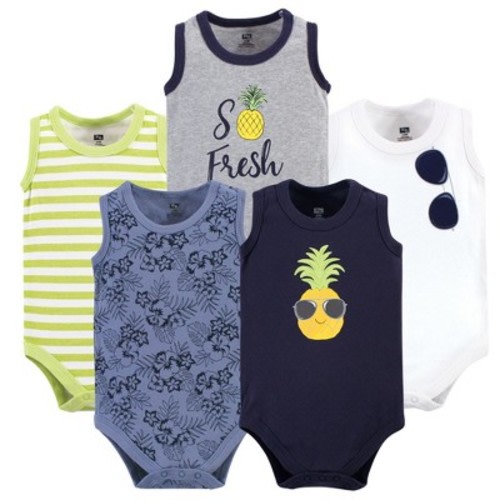 Hudson Baby Infant Boy Cotton Sleeveless Bodysuits 5pk, Pineapple, 3-6 Months