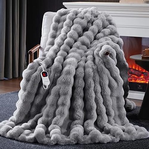 Anysay Heated Blanket Full Size with 1/2/4/6/8 Hours Auto-Off 10 Heat Level, 62'' * 84'' Cozy Faux Rabbit Fur Bubble Electric Blanket with Overheat Protection(Light Grey)