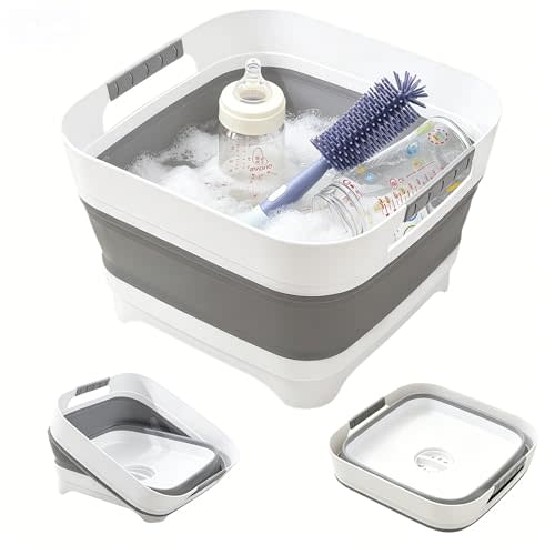 2.6 Gal/10L Collapsible Wash Basin with Drain Plug, Dish Tub | Portable Large Capacity Space-Saving Tub for Baby Bottles, RV, Camping, Kitchen, Travel & Outdoor Use