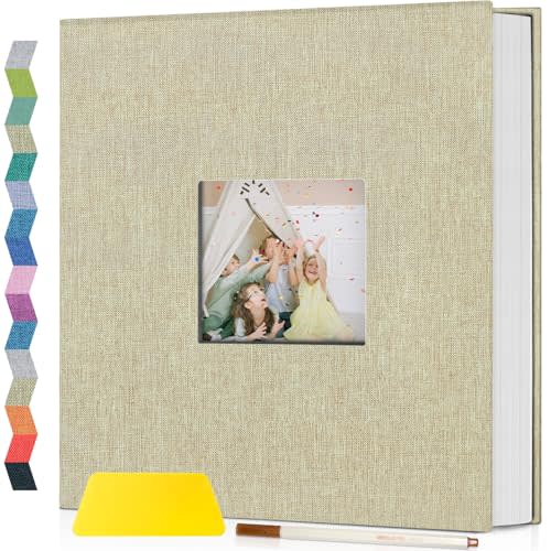 Popotop Photo Album Self Adhesive with Picture Display Window,60 Pages DIY Scrapbook Album for 4x6 10x12 Picture,Linen Cover Memory Book for Baby Wedding, with Scraper and Metallic Pen