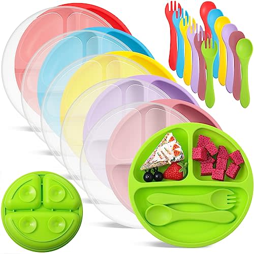 Meanplan 6 Pack Suction Plates for Toddlers with Lids Silicone Baby Plates set Food Grade Silicone Divided Design BPA Free Microwave and Dishwasher Safe Assorted Colors(Bright Colors)