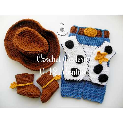CROCHET PATTERN Baby Cowboy Halloween Costume: Hat, Vest, Pants and Booties, Baby Photo Prop, English PDF | Sizes Newborn - 12 Months