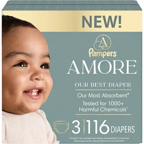Pampers Amore, Size 3 (13-26 lbs), 116 Count, Our Best Diaper – Hypoallergenic & Fragrance Free, Up to 100% Leakproof, Soft as Cashmere