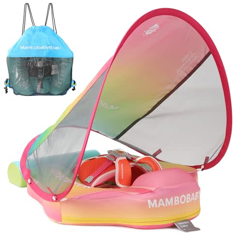 Mambobaby Float Add Tail Baby/Infant Swim Float with Canopy, Non-Inflatable Solid Upgrade Soft Waterproof Skin-Friendly Leather Material (Deluxe Edition Rainbow)