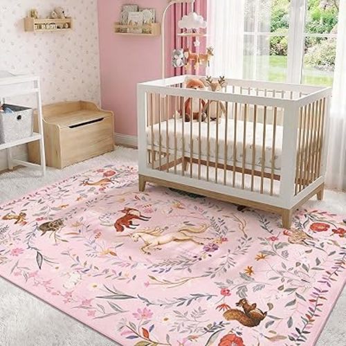 jinchan Moonrise Area Rug 6x9 Kids Room Rug Washable Unicorn Rug Soft Non-Slip Low Pile Fairytale Woodland Animals Floral Carpet for Classroom Nursery Playroom Bedroom Living Room Lavender Pink