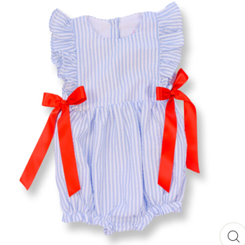 Blue Seersucker Patriotic Bubble with Red Bows