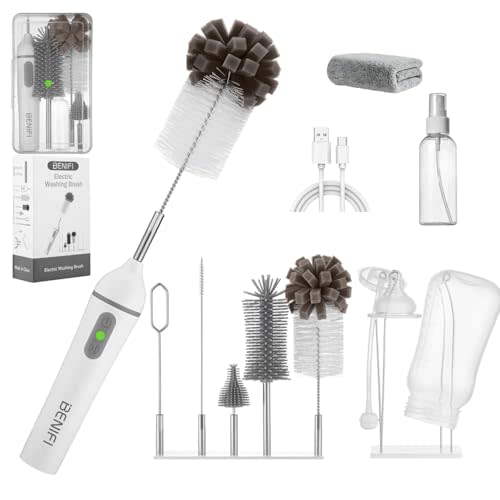 Benifi Electric Bottle Cleaner Pro, 11 in 1 Baby Bottle Brush, Drying Rack, Sponge Bottle Brush, Silicon Bottle Cleaner,Formula Mixer,Nipple Brush, Soap Dispenser,Microfiber Cleaning Cloth Included