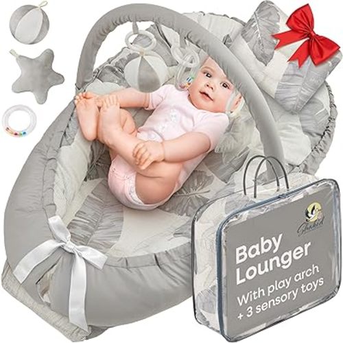 Portable Baby Play Lounger for Supervised Floor Time w/Removable Toy Arch & 3 Toys - Padded Play Area, Breathable Cotton Cover, Travel-Friendly - Awake-Time Only | 0-24 Months (Grey Feathers)