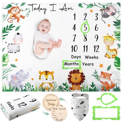 Baby Milestone Blanket for Baby Boy, Animals Baby Monthly Milestone Blanket Safari Baby Growth Blanket Newborn Photography Background with Wooden Signs, Frames, Bandana