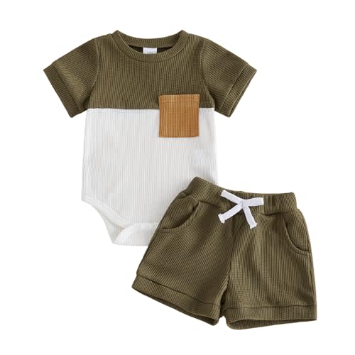 Newborn Baby Boy Summer Outfit Set Contrast Color Romper Tops With Elastic Waist Shorts Cute Infant Waffle Clothes