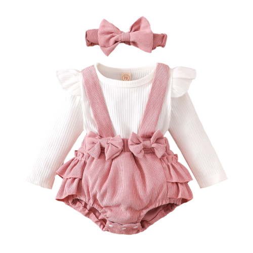 Newborn Baby Girl Ribbed Floral Suspender Dress with Headband 0 3 6 9 12 18 24 Months Fall Outfits